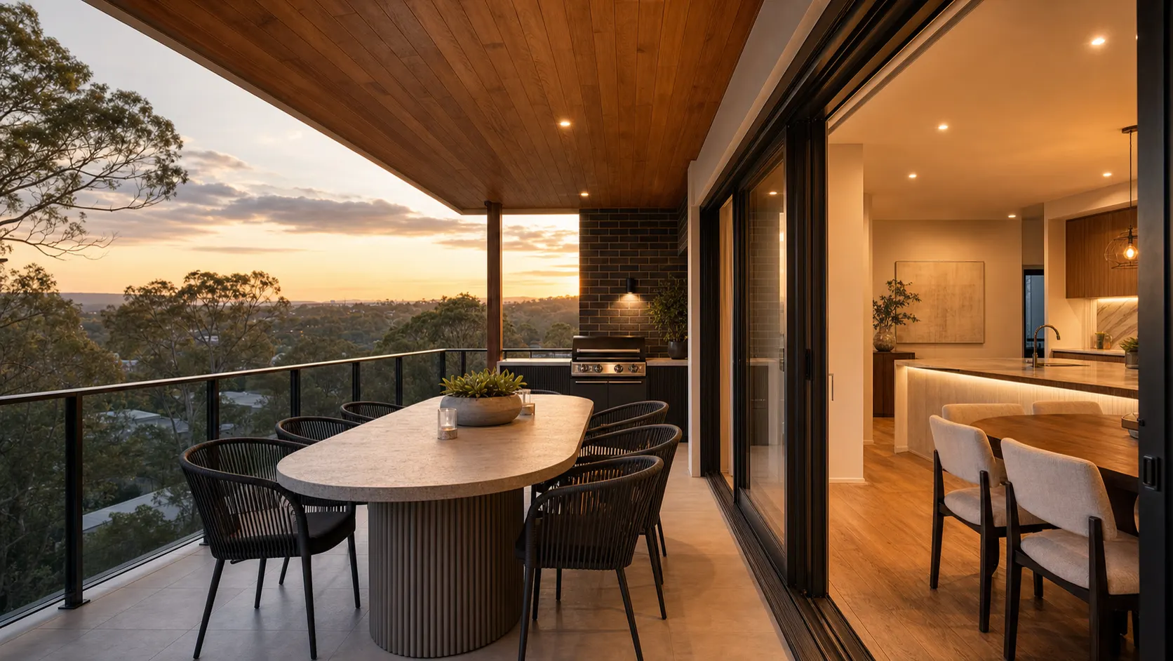 Rear alfresco render on the upper floor with a warm Oak timber-lined ceiling, charcoal brick feature wall and built-in barbecue, stone dining table with black woven-rope chairs, framed by matte-black steel balustrade and looking out to a panoramic Brisbane bushland outlook at dusk.