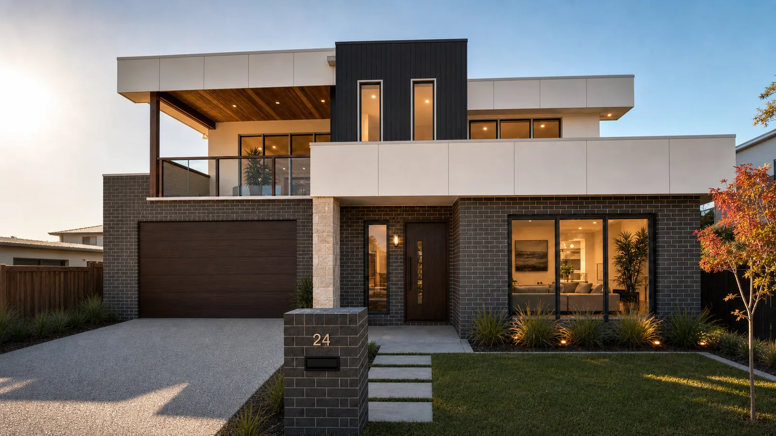 Photoreal finished render of the 24 Delphinus Vista dual-living home from the head-on street vantage. Charcoal Austral Urban One Silver brick wraps the ground floor around a recessed central entry with an Oak timber pivot front door and a matching warm timber-look Oak sectional garage door on the front-left flanking a 600mm freestanding beige stacked stone porch pier. The upper level shows two balconies (small left-side balcony with an angled timber-lined skillion soffit and matte-black-framed glass balustrade above the garage, wider right-side balcony with an off-white Maxrix solid parapet), a central ebony vertical shiplap feature strip with two slim tall vertical windows, and off-white Maxrix panel volumes flanking the composition. A large matte-black-framed sliding-glass unit on the right reveals a warm homely living-room interior. A charcoal brick mailbox pier at front-left carries the numeral 24 in off-white sans-serif. Landscaping is finished with an exposed aggregate driveway, poured concrete stepping-stone path, manicured turf, box hedging, native ornamental grasses and an ornamental flame tree.