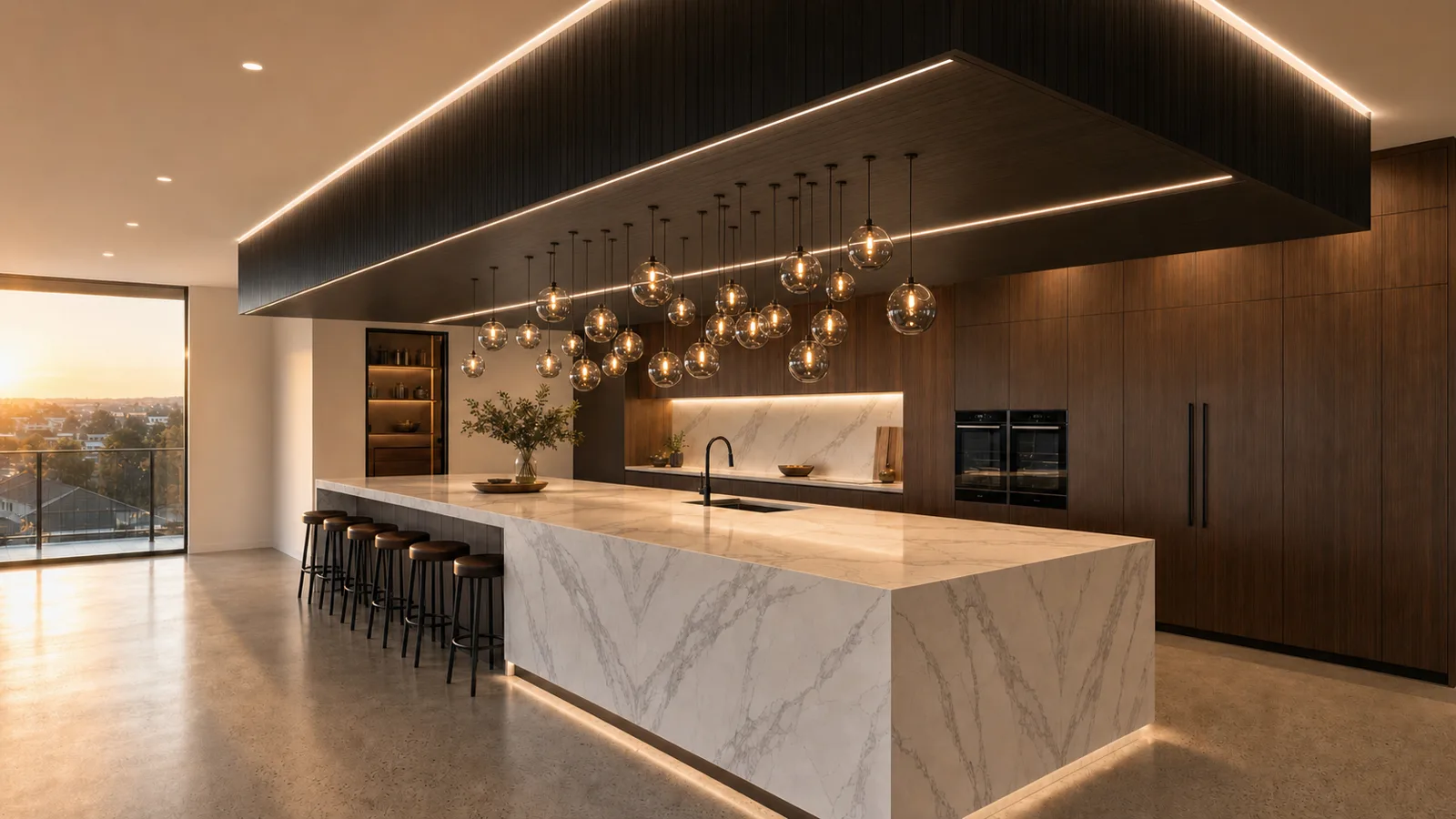 Futuristic kitchen interior render. A dropped ceiling bulkhead over the island is wrapped in deep near-black charred vertical shiplap timber with a continuous cool-white LED linear reveal tracing its underside and a hidden warm-white cove wash grazing the ceiling above so the bulkhead reads as floating. Suspended under the bulkhead is a cascading orb-cluster chandelier — approximately two dozen smoked hand-blown glass spheres of varying diameters hung at wildly different heights on ultra-slim matte-black cables, each orb glowing with a warm 2700K filament visible through the smoky glass, denser in the centre and sparser at the ends so the composition reads as a floating constellation. Below the chandelier is a large monolithic waterfall island in book-matched veined Calacatta-style porcelain, with the visible island cabinetry side clad in the same charred vertical shiplap and five bar stools with matte-black frames and smoked-walnut seats along its long side. The back appliance wall is full-height flush smoked walnut veneer with two integrated matte-black wall ovens, a book-matched stone splashback, a slim horizontal LED cove reveal at bench height, and an integrated fridge column at the far right. A pantry doorway in a slim matte-black steel portal opens to warm walnut shelving beyond. Polished honed concrete floor throughout, warm late-afternoon light spilling in from the left window catching the smoked walnut cabinetry, the veined stone and the glowing glass orbs.
