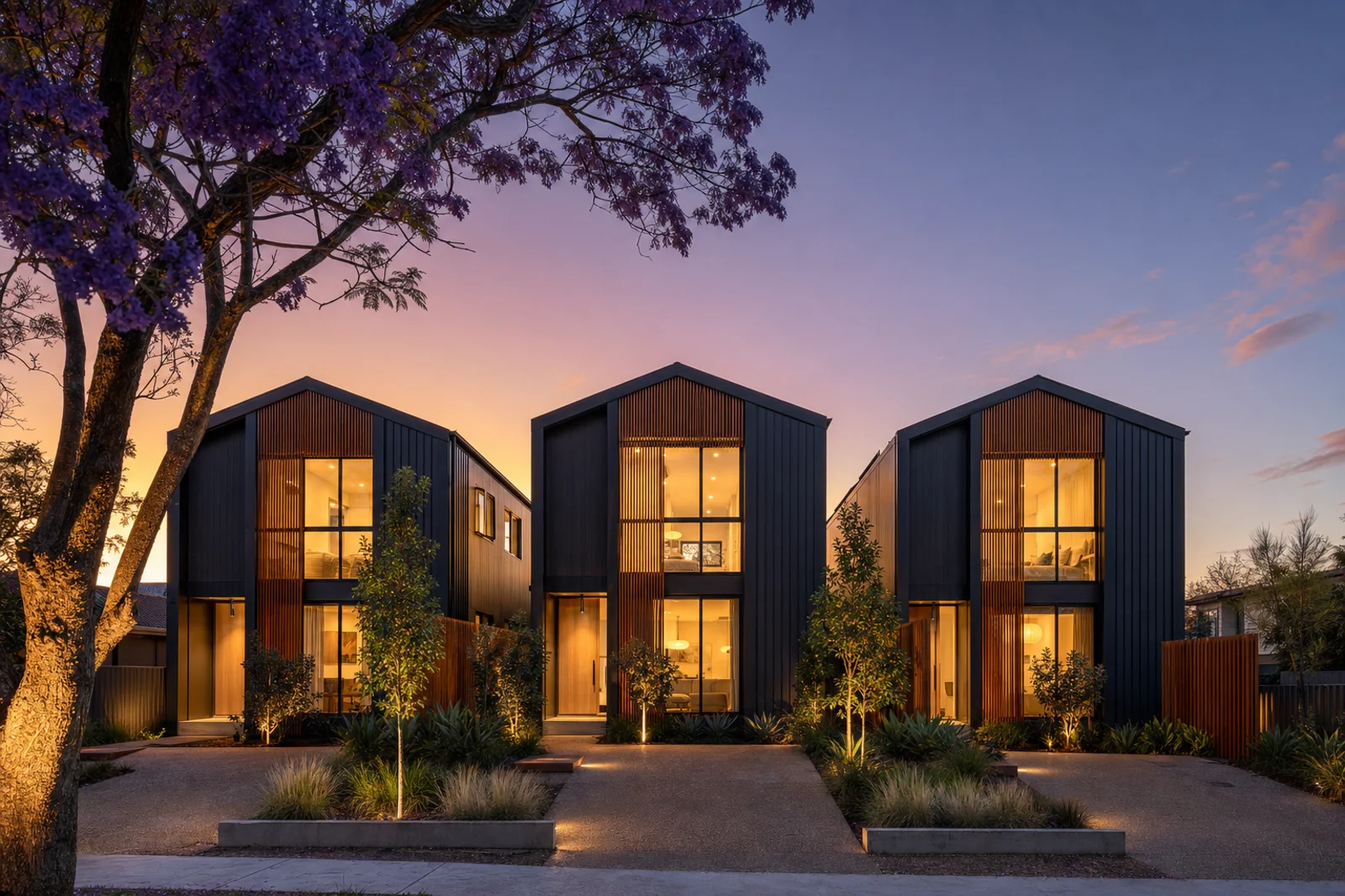 Three boutique gable-roofed townhouses at dusk with charcoal Colorbond cladding, spotted-gum timber batten screens, warm interior lighting, and a mature jacaranda tree — indicative render of a Dream City Homes multi-residential project.