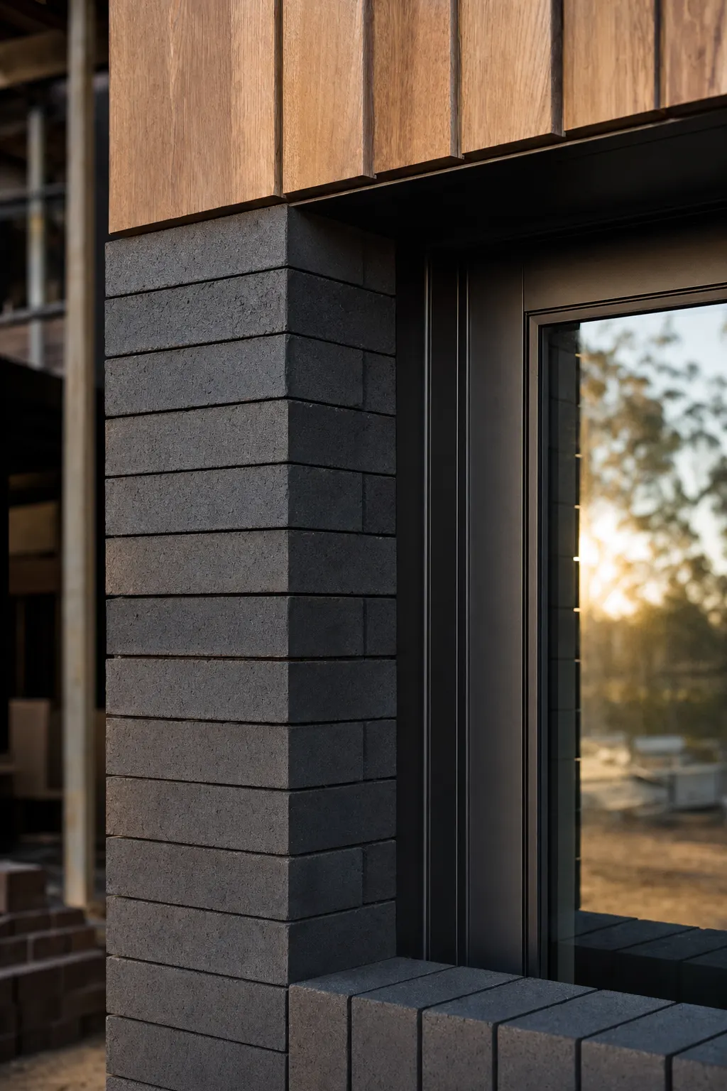 Close-up detail of precise dark charcoal brickwork meeting a black steel window frame.