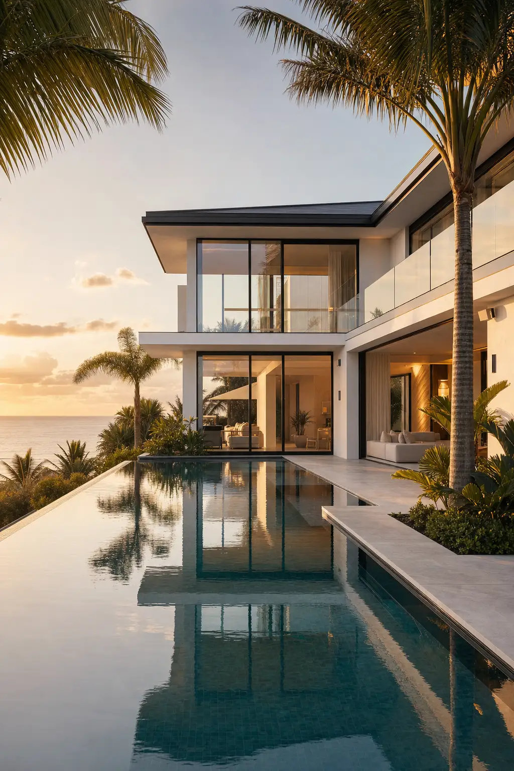 Coastal modernist luxury home with crisp white rendered walls, black steel windows, and an infinity-edge lap pool at golden hour.