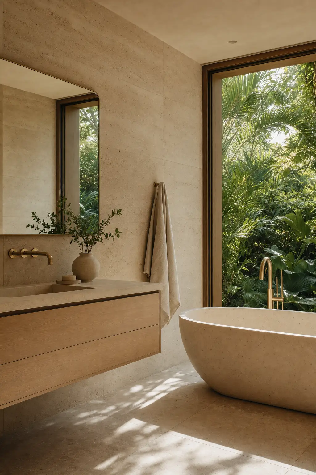 Luxury coastal ensuite with travertine walls, freestanding stone bathtub, and brushed brass tapware overlooking a tropical garden.