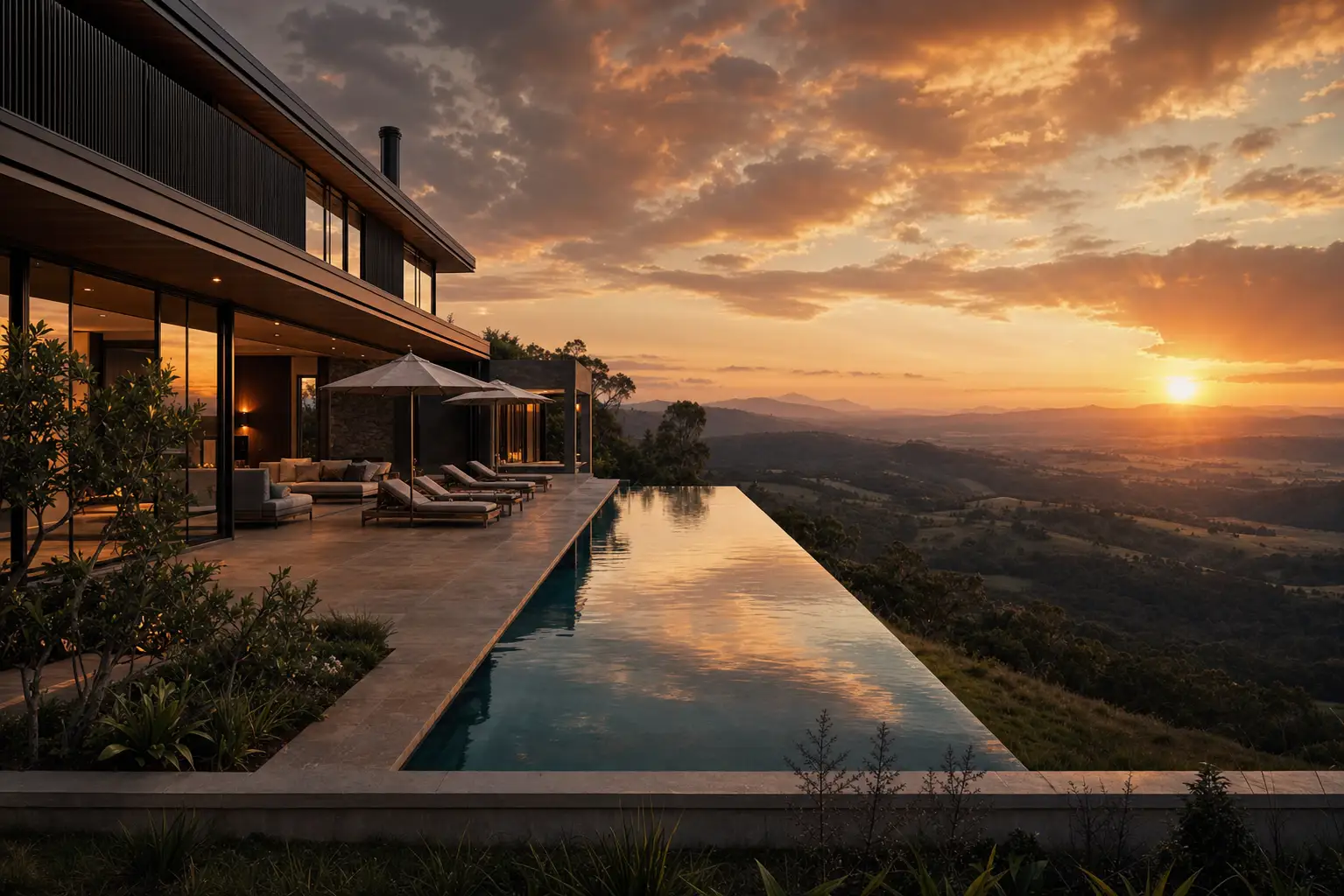Luxury contemporary home on a hillside with an infinity-edge swimming pool overlooking rolling Queensland countryside at sunset.