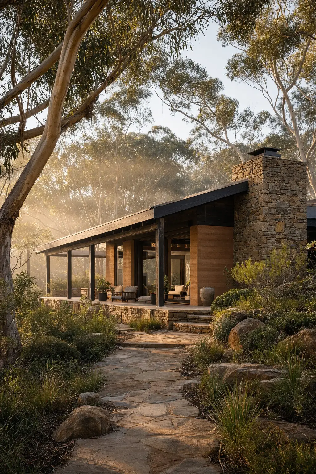 Hinterland retreat home in Australian bushland with rammed earth walls, stone chimney, and gum trees in soft morning light.