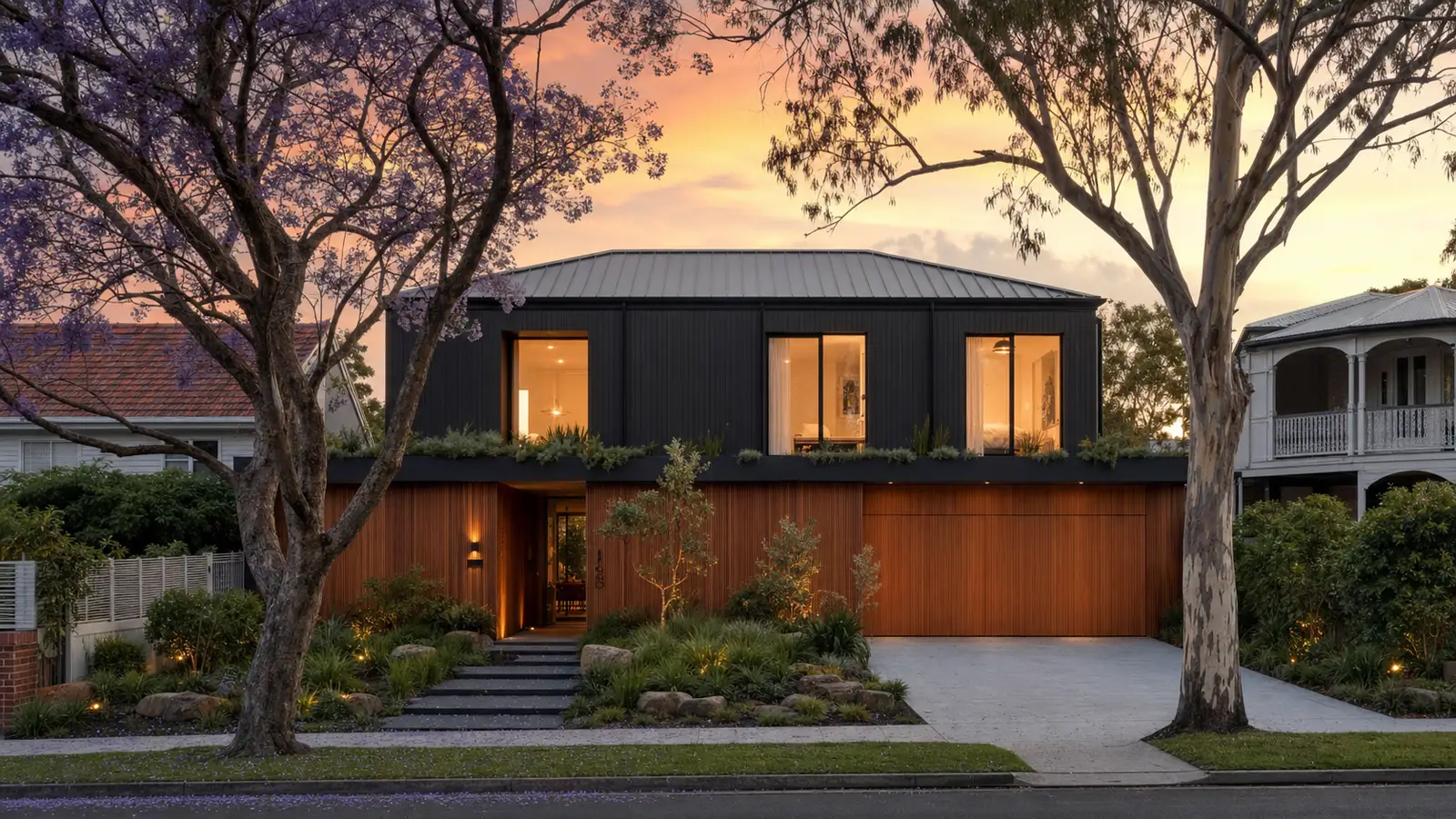 New luxury two-storey contemporary home replacing the original on the same block, dark charcoal cladding and spotted gum timber battens, mature jacaranda trees preserved either side, at dusk.