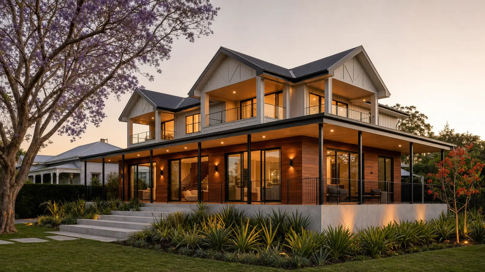 New luxury contemporary Queenslander home on the same block, twin gable charcoal metal roof, wrap-around verandah with steel columns, spotted gum cladding, elevated concrete plinth, mature jacaranda in bloom preserved, at dusk.