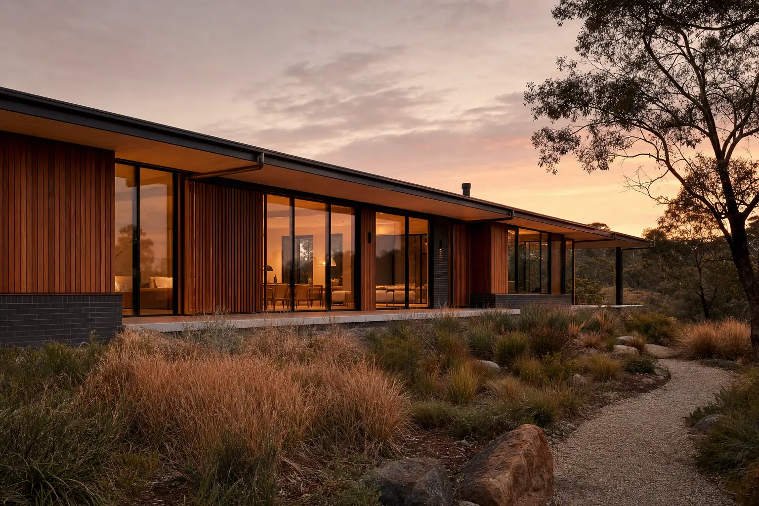 Long low-set single-storey luxury home with textured brick base, spotted gum timber cladding, and native front garden at dusk.