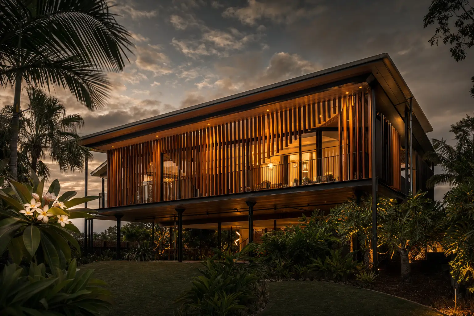 Contemporary Queenslander luxury home elevated on black steel stilts with vertical timber battens and tropical Brisbane garden.