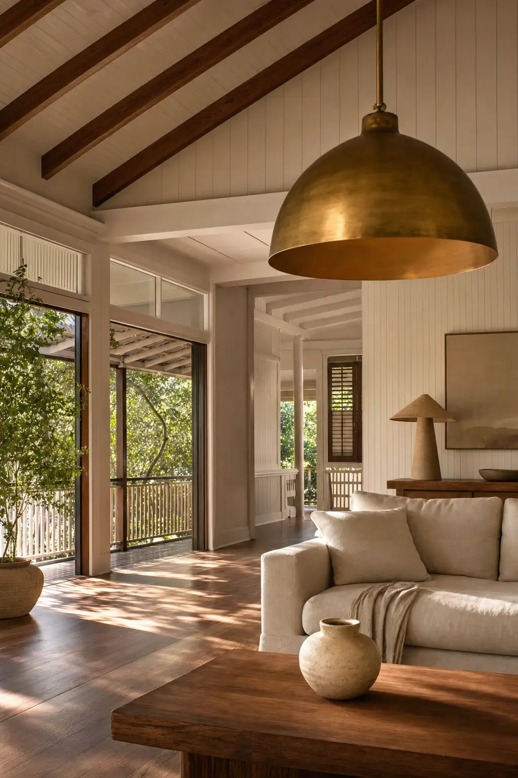 Interior of a contemporary Queenslander with vaulted spotted gum rafters, linen sofa, wide plank timber floor, and open verandah doors.