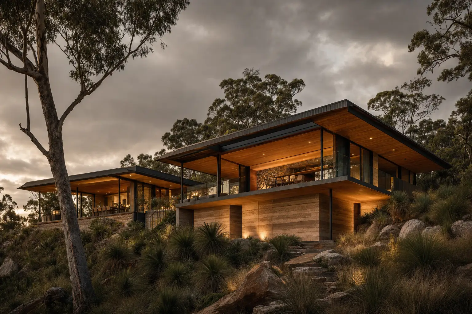 Luxury split-level house built into a Brisbane hillside with rammed earth walls, cantilevered upper level, and native eucalyptus landscape at dusk.