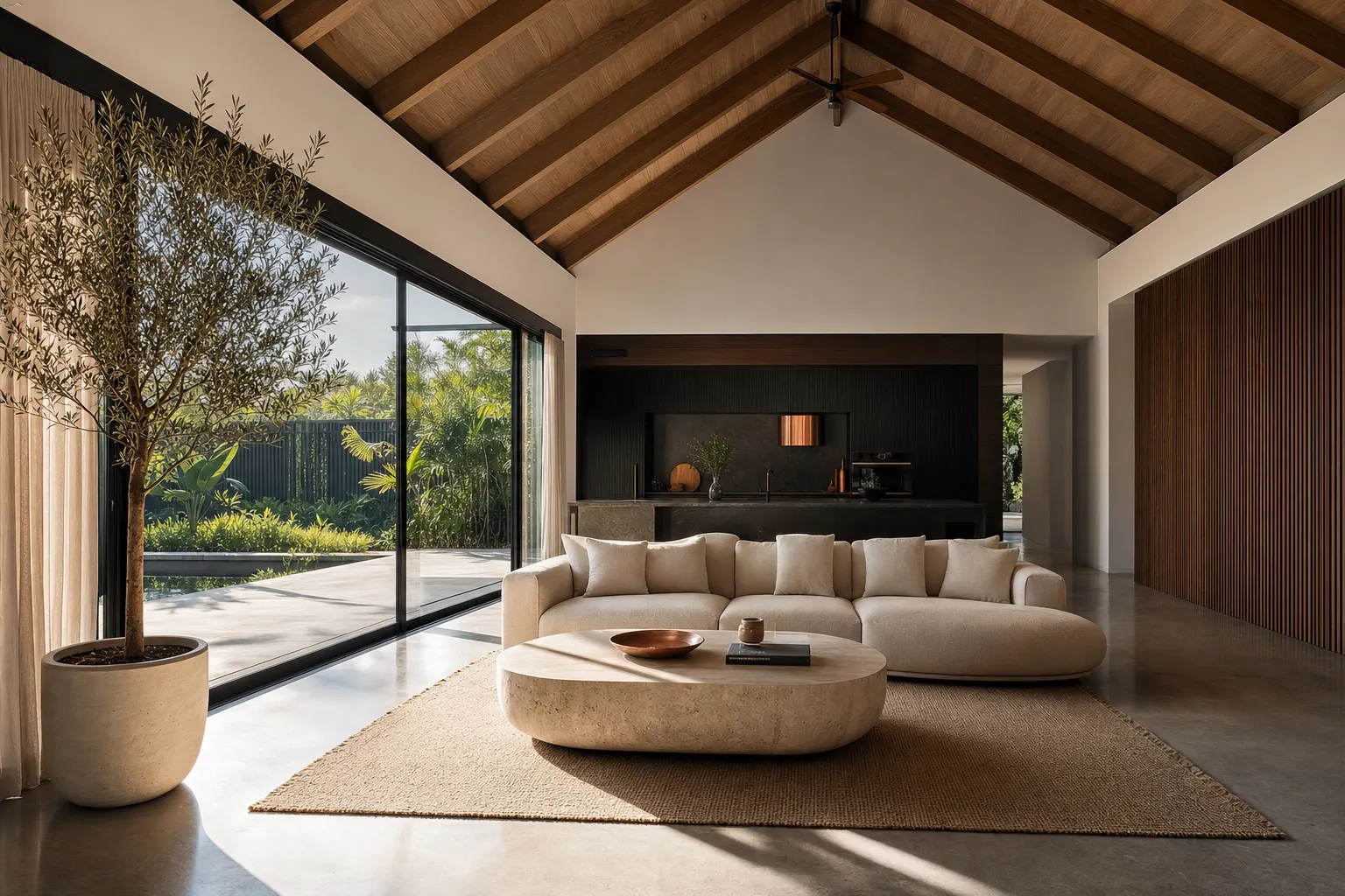 A vaulted-ceiling living room with polished concrete floor and full-height glazing opening to a subtropical garden.