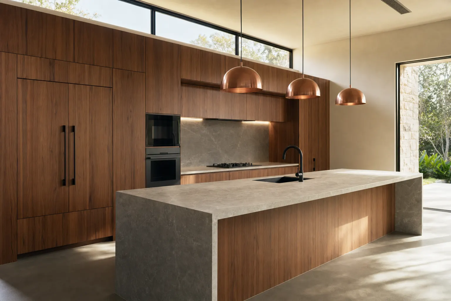 A luxury kitchen with full-height timber cabinetry, honed stone island bench, and copper pendant lights.